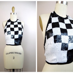 Black & White Sequined Crop Top / Black and White Checkered Sequin Halter Top