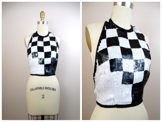 Black & White Sequined Crop Top / Black and White Checkered Sequin Halter Top