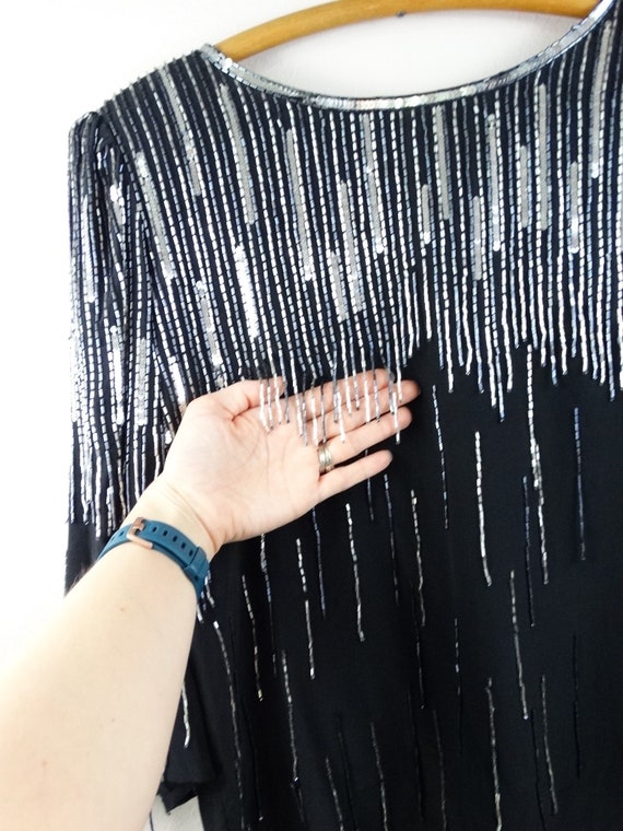 XS/S Beaded Fringe Flapper Top // 80s 90s Black a… - image 3