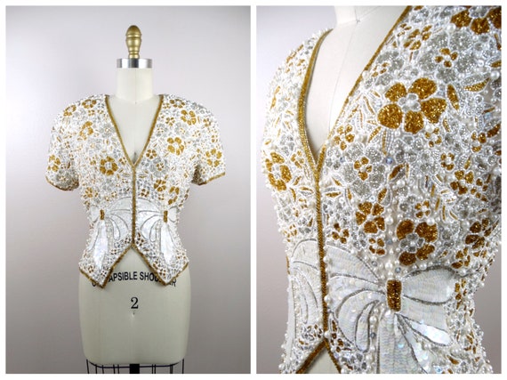 Pearl Beaded Vintage Couture Top // Gold Silver W… - image 1