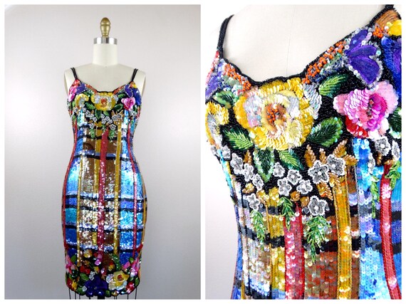 90s Couture Sequin Dress by Naeem Khan / Retro Floral Rainbow - Etsy