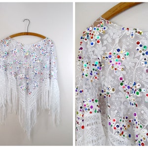 O/S Confetti Sequin Poncho / Colorful 1970s Vintage Sequined Beaded Crochet Netted Cover / 70&#39;s Rainbow Sequined Poncho Top