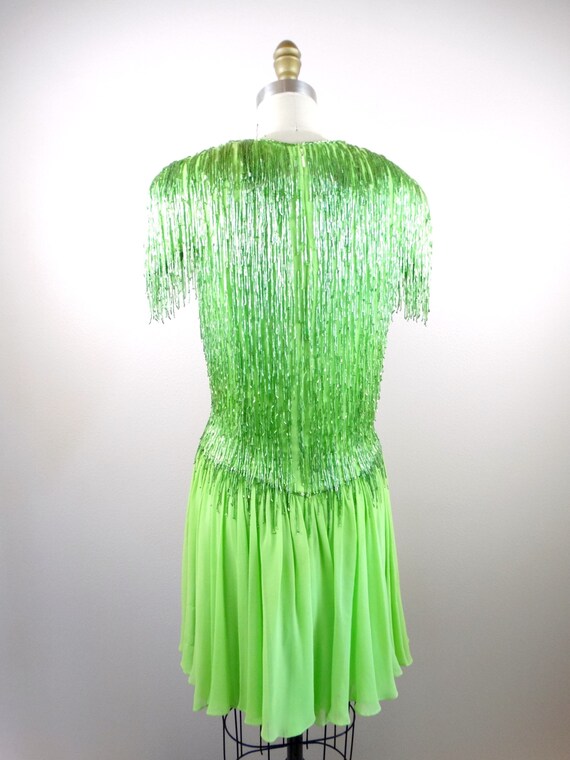 Heavily Beaded Fringe Dress // Lime Green Tassel Bead Dress // Dripping Embellished Cocktail Dress