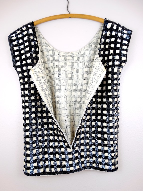 50s 60s Sequin Wool Top / Retro Black & Ivory Che… - image 5