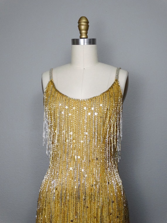 Gold Fringed Beaded Sequin Dress // Fringe Gatsby… - image 2