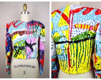 1990s Wearable Art Sequin Bolero / NEON Vintage Novelty Graffiti Beaded Sequined Couture Jacket by Jeanette Kastenberg