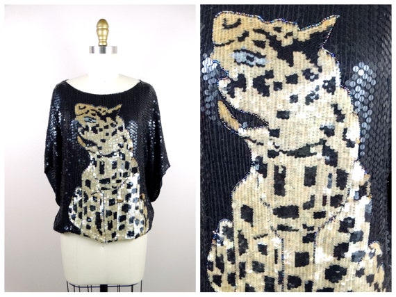 Abstract Leopard Sequin Blouse // Wild Animal Top… - image 1