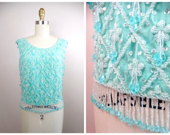 60s Quastenperlen Paillettentop / 1960s Top mit Seafoam Mint Grünen Fringed Beading