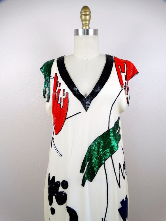 90s Abstract Art Beaded Silk Dress // Funky Hand … - image 2