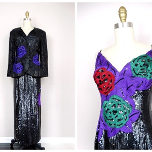 Neil Bieff Sequin Formal Gown // Vintage Embroidered Beaded Dress w/ Evening Jacket Small