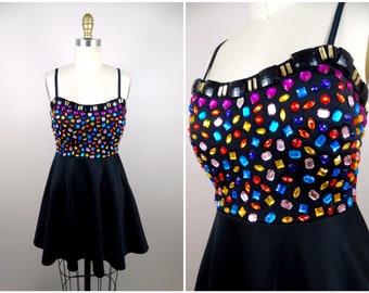 BRIGHT Jewel Embellished Micro Mini Dress // Bejeweled Mini Dress // Bedazzled Rainbow Gem Beaded Micro Mini