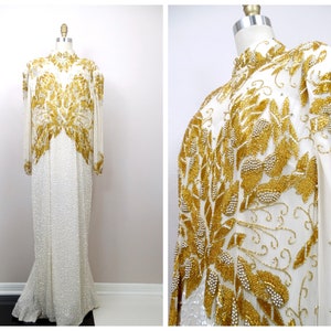 Plus Size Beaded Silk Gown // Heavily Embellished Gold Beaded Wedding Dress // Vintage Sequined Wedding Gown