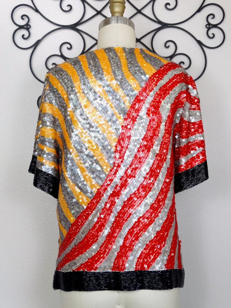Wild Sequined Novelty Top Red /& White Sequin Striped Top Rare Beaded Zebra Top