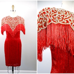 Naeem Khan Perlenkleid / Vintage Couture Rotes Cocktailkleid / RIAZEE Fransenperlenkleid