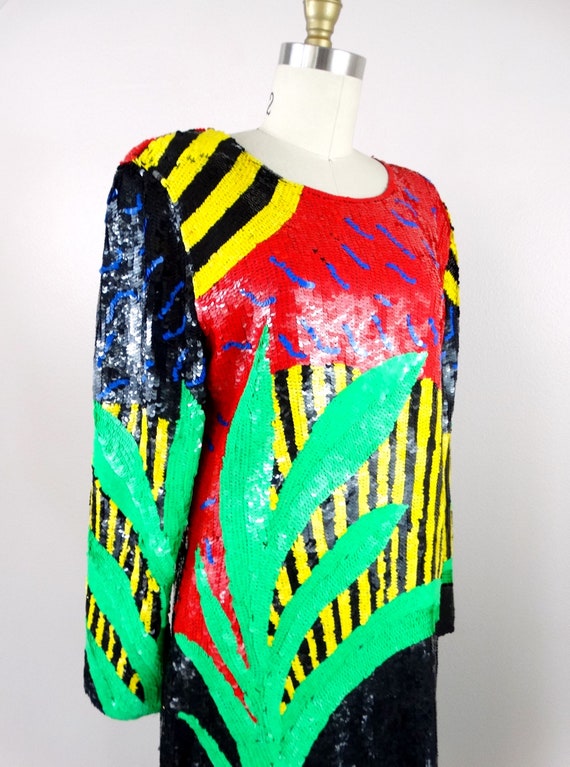EXOTIC Abstract Sequined Dress / Bright Neon Palm… - image 5
