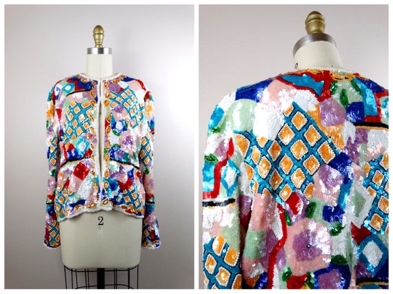 Colorful Couture Sequined Cardigan // Retro Sequi… - image 6