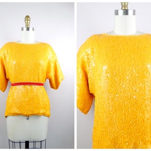 Citrus Sequin Blouse // Neon Vintage Sequined Embellished Silk Top