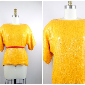 L/XL Citrus Sequin Blouse // Neon Vintage Sequined Embellished Silk Top