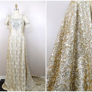 Antique Crystal Encrusted Pearl Beaded Wedding Dress / HEAVY Gold Embellished Rhinestone Vintage Couture Lace Wedding Gown