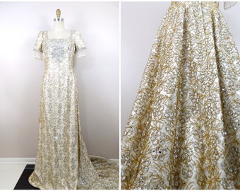 Antique Crystal Encrusted Pearl Beaded Wedding Dress / HEAVY Gold Embellished Rhinestone Vintage Couture Lace Wedding Gown