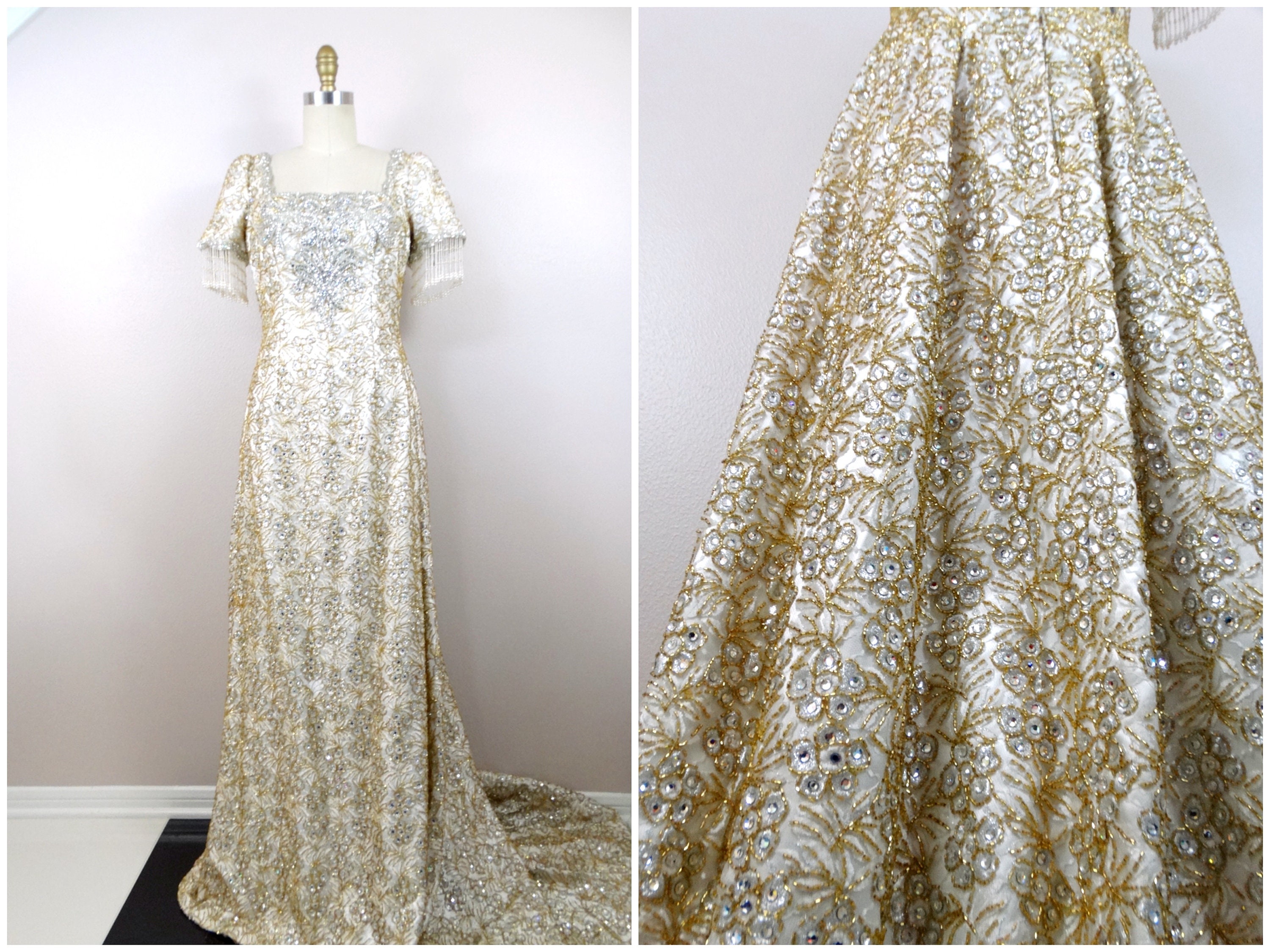 Antique Crystal Encrusted Pearl Beaded Wedding Dress / HEAVY