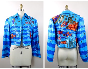 Vintage Sequin Jacket: Mermaid Ocean Wave Scene, Size Medium
