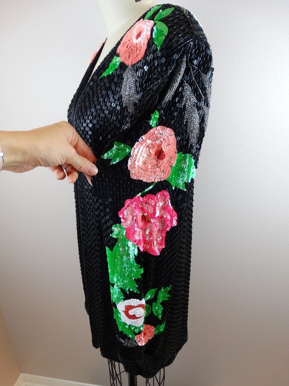 M/L Elegant Sequin Floral Sheer Silk Cardigan / H… - image 6