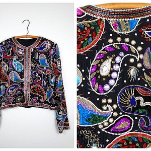 M/L Jewel Beaded Jacket // Retro Paisley Gemstone Sequin Embellished Blazer