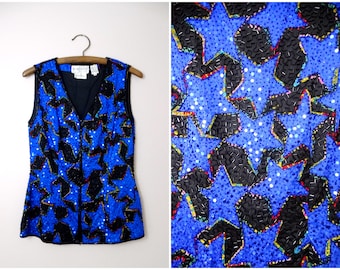 Chaleco con cuentas de estrellas azules // Chaleco con lentejuelas y estrellas retro de Black Tie Oleg Cassini