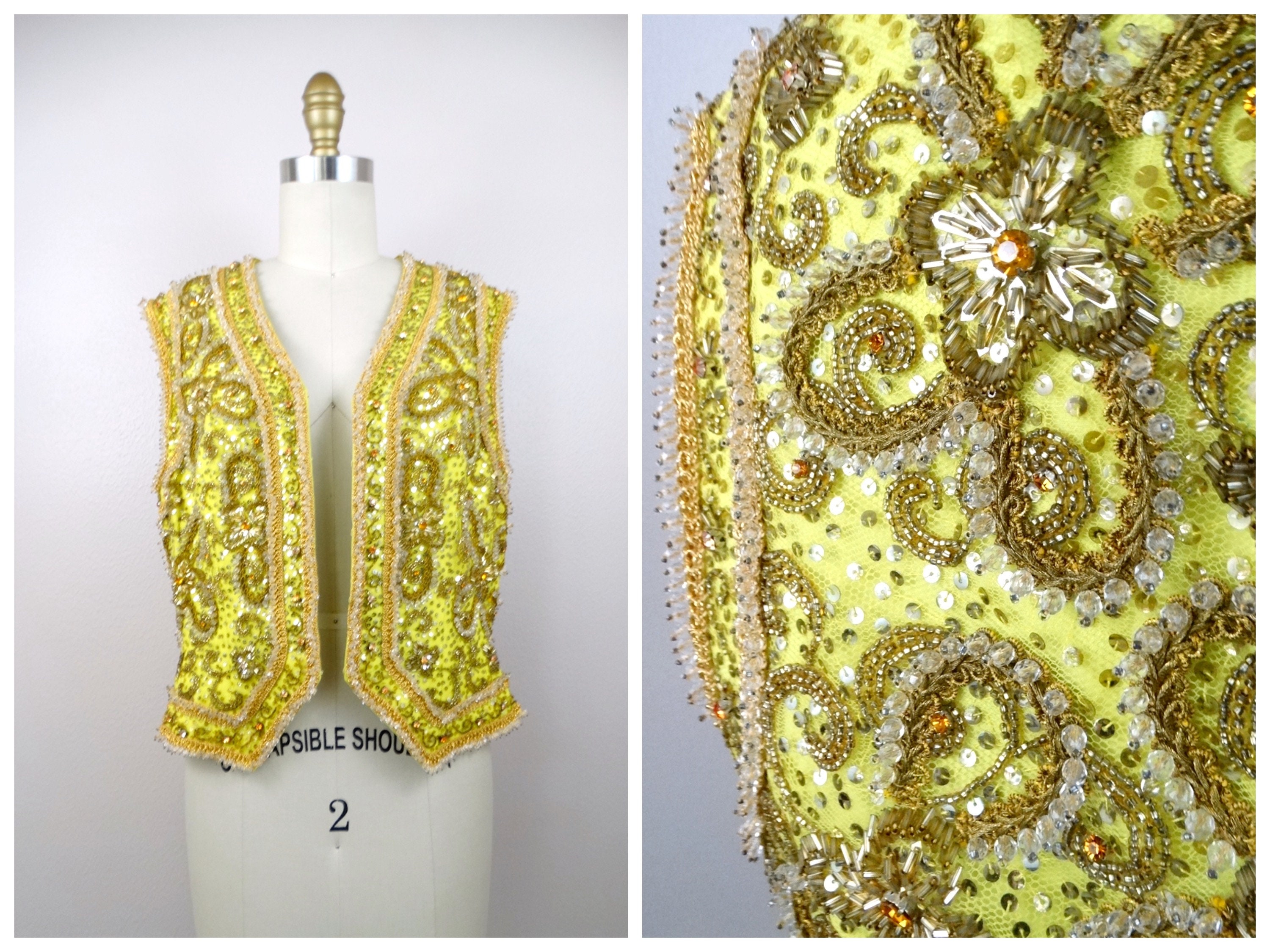 Chartreuse Crystal Rhinestone Beaded Vest // Neon Yellow