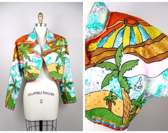 MIAMI Beach Scene Beaded Jacket / RETRO Wearable Art Sequin Jacket / Pop Art GLAM Novelty Statement Piece