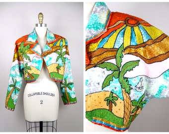 MIAMI Beach Scene Beaded Jacket // RETRO Wearable Art Sequin Jacket // Pop Art GLAM Novelty Sequined Statement Piece