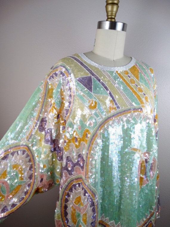 RARE Pastel Sequin Beaded Long Tunic Top • Oversi… - image 4