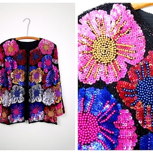 S / M helle Perlen Pailletten Jacke / Floral Pailletten verziert Seidenblazer