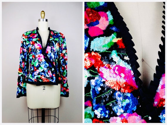 90s Couture Sequined Wrap Top / Bright Floral Seq… - image 1