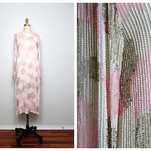 70s 80s Vintage Beaded Dress / Pink Silver & White Silk Embellished Gatsby Dress S/M
