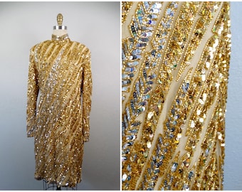 Vintage RIAZEE Beaded Dress by Naeem Khan / Gold & Silver Sequined Art Deco Dress / Heavily Embellished Dress Large XL