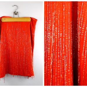 M/L Bright Fringe Beaded Skirt // Red Orange Fringe Embellished Sequined Skirt
