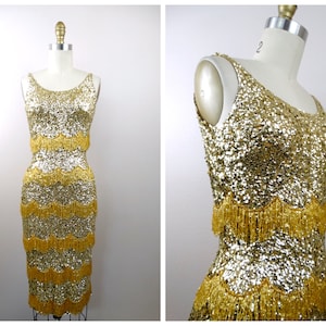 50s Bombshell Sequined Fringe Beaded Dress / 1950s Couture Gold Sequin Embellished Wool Dress Small XS S