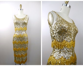 50s Bombshell Sequined Fringe Beaded Dress / 1950s Couture Gold Sequin Embellished Wool Dress Small XS S