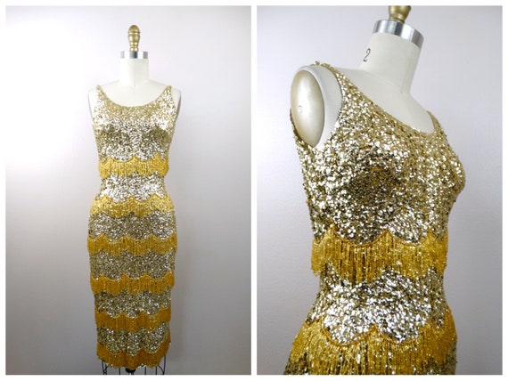 50s Bombshell Sequined Fringe Beaded Dress / 1950… - image 1