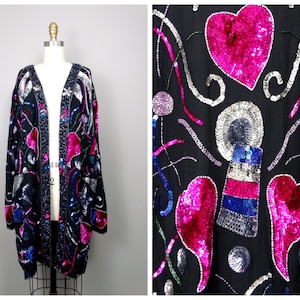 Moon & Stars Sequin Long Jacket // Navy Blue and Pink Hearts Sequined Beaded Sheer Duster O/S