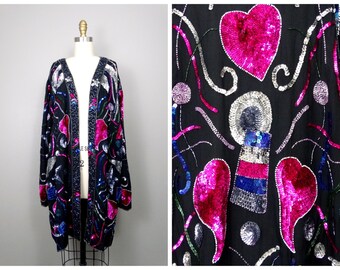 Moon & Stars Sequin Long Jacket // Navy Blue and Pink Hearts Sequined Beaded Sheer Duster O/S