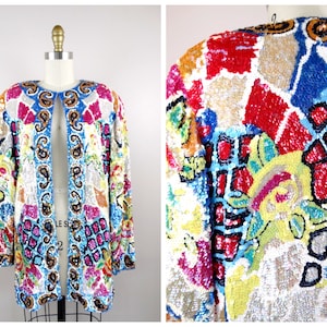 Chaqueta de lentejuelas iridiscentes M/L / Blazer vintage colorido retro pastel / Cárdigan de seda con adornos florales abstractos geométricos