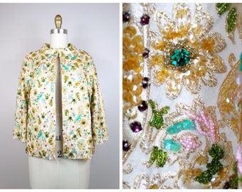 50s Jewel Beaded Sequined Jacket / Gold Cream Ivory Brocade Evening Cardigan / 1950s Emerald Crystal Rhinestone Embellished Bolero Jacket