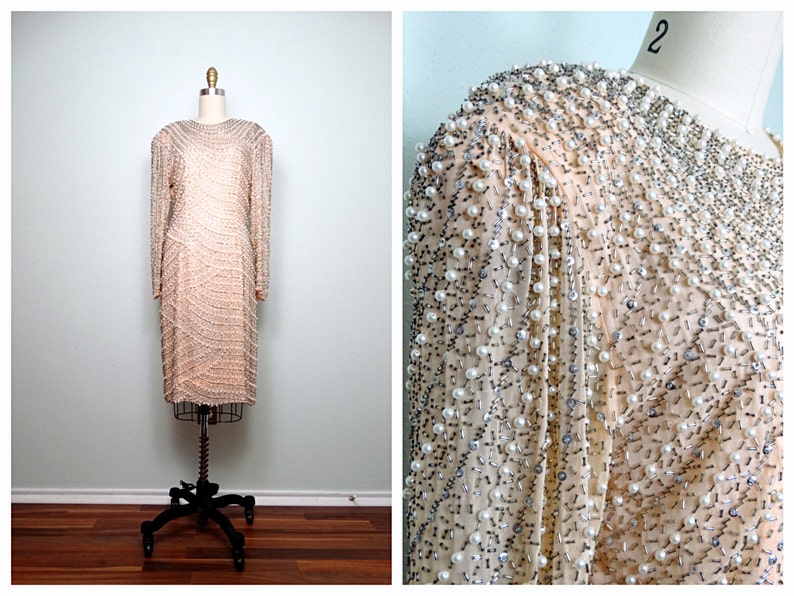 Vintage Pearl Beaded Dress  Designer Pearl Beaded Sequined Silk Dress  Heavily Embellished Dress