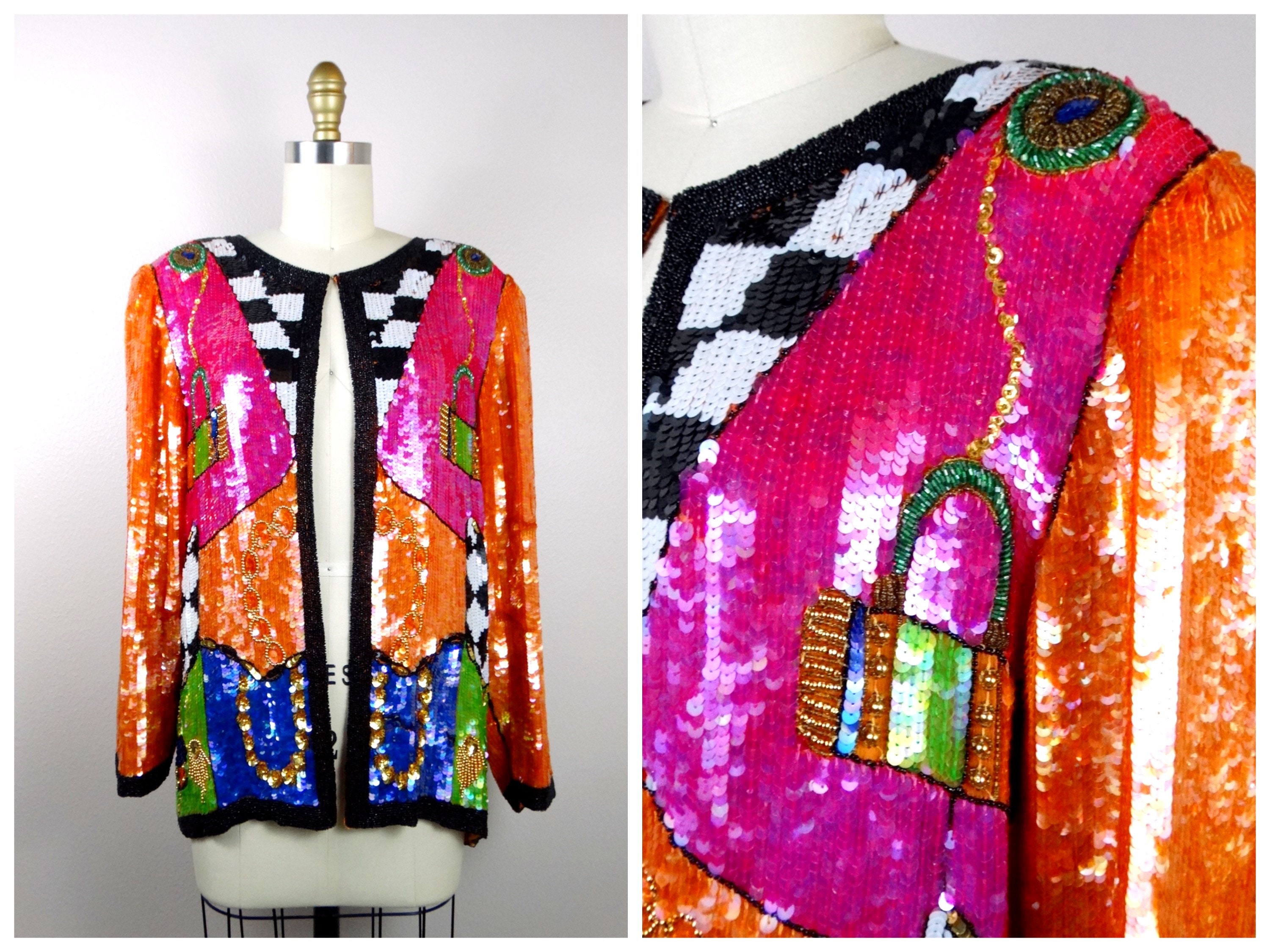 FASHIONISTA Sequin Jacket / Funky Retro Sequined Glam 80s Hot Pink