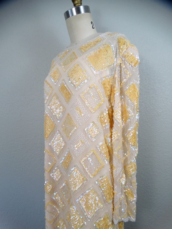 Iridescent Peach Sequin Dress / Cream Sequined Be… - image 2