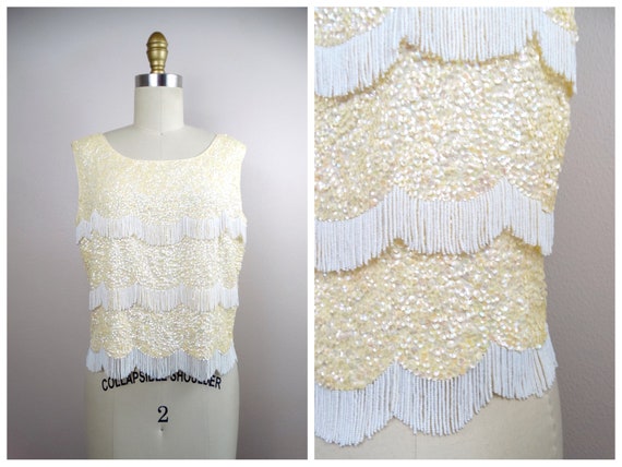 VTG Ivory Sequin White Fringe Beaded Top // 1950s… - image 7