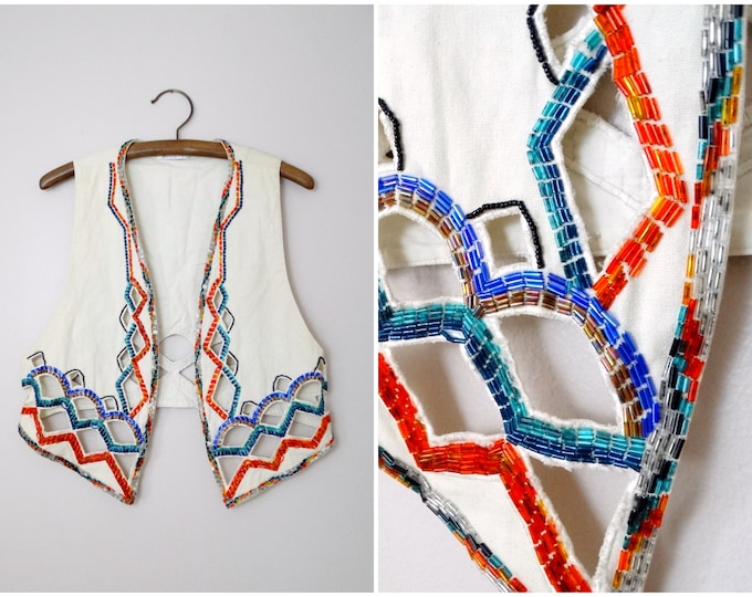 Vintage Beaded Vest // Retro Cut Outs Embellished Vest // Lattice Vest